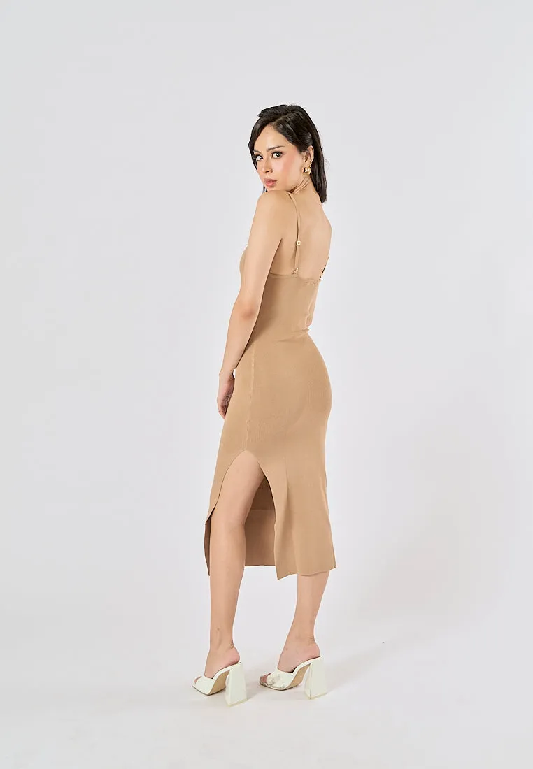Oretha Khaki Thin Strap Knit Long Dress