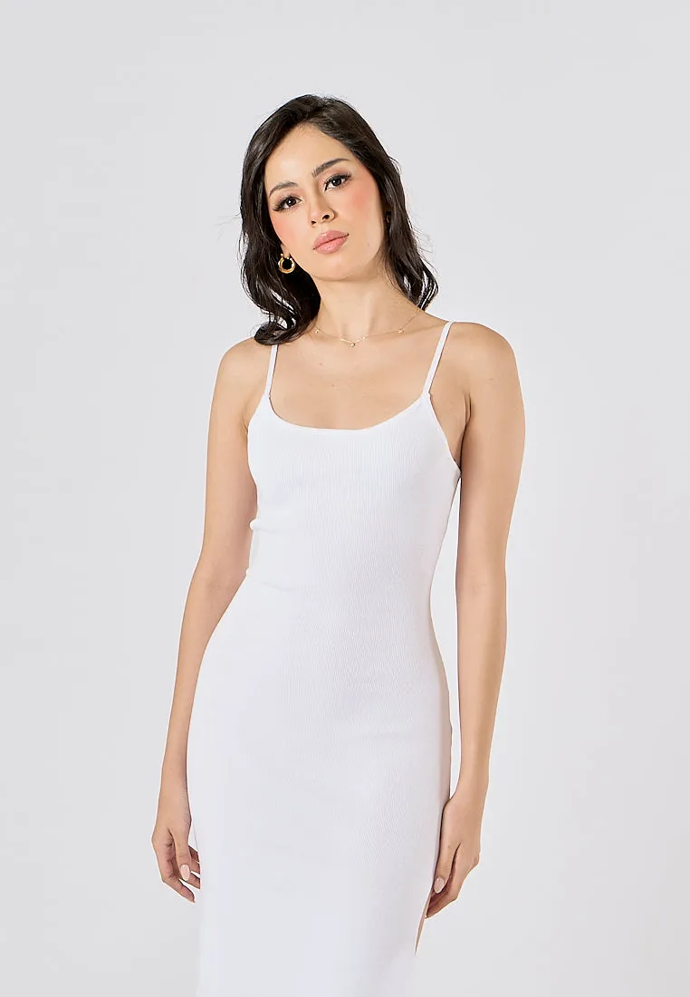 Oretha White Thin Strap Knit Long Dress