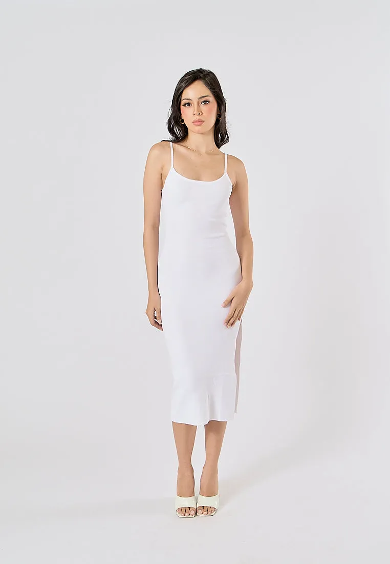 Oretha White Thin Strap Knit Long Dress