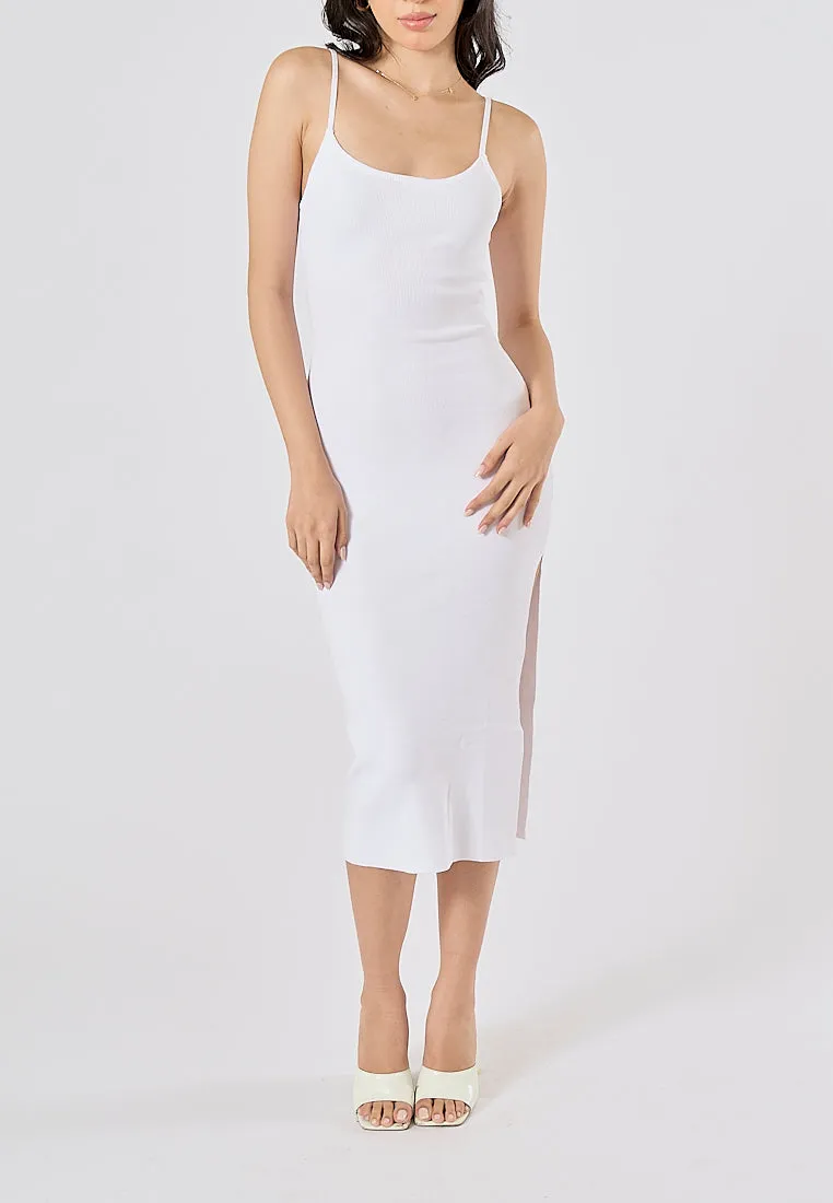 Oretha White Thin Strap Knit Long Dress