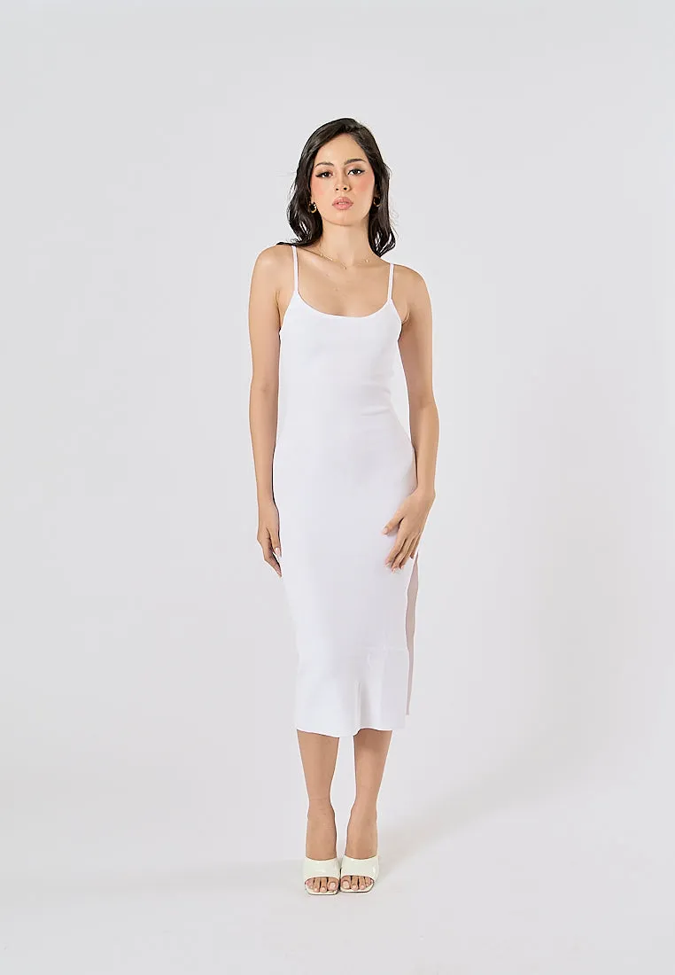 Oretha White Thin Strap Knit Long Dress