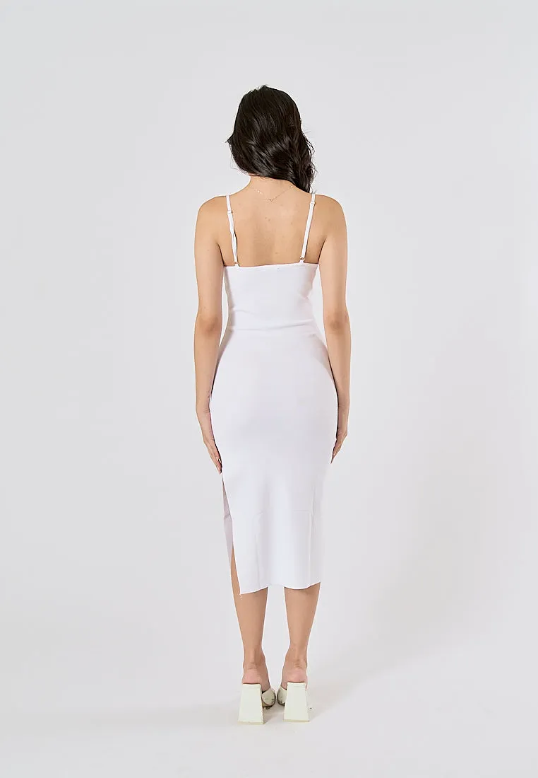 Oretha White Thin Strap Knit Long Dress