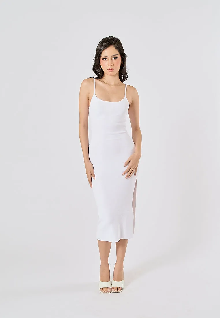 Oretha White Thin Strap Knit Long Dress