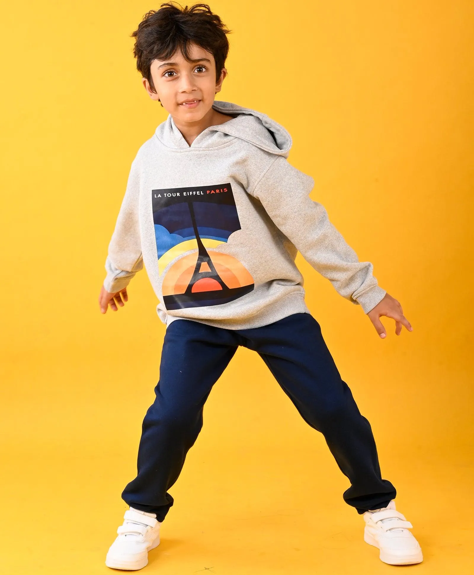 PARIS GREY MELANGE FLEECE HOODIE AND NAVY FLEECE JOGGER SET - GREY/NAVY