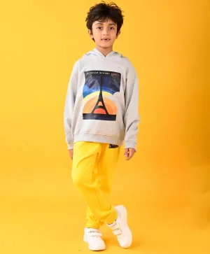 PARIS GREY MELANGE FLEECE HOODIE AND YELLOW FLEECE JOGGER SET - GREY/YELLOW
