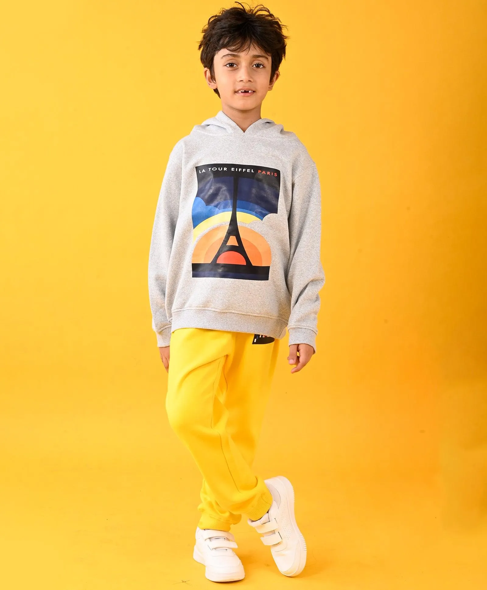 PARIS GREY MELANGE FLEECE HOODIE AND YELLOW FLEECE JOGGER SET - GREY/YELLOW