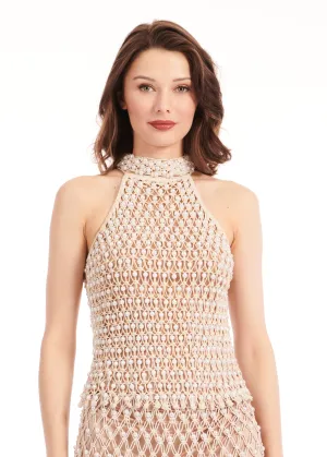 PEARL MACRAME MOCK NECK TOP