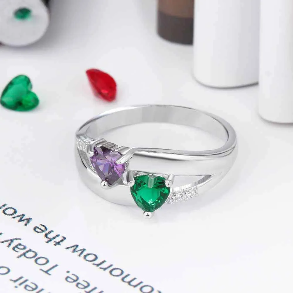 Personalized 925 Sterling Silver Ring - Double Heart Birthstone - Custom Engraved Names - Customized Gift