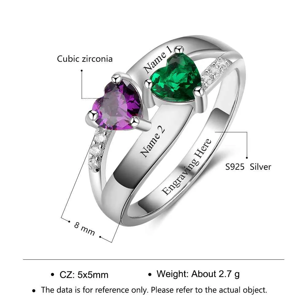 Personalized 925 Sterling Silver Ring - Double Heart Birthstone - Custom Engraved Names - Customized Gift