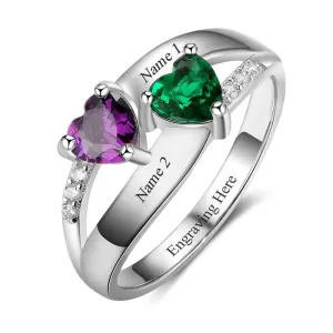 Personalized 925 Sterling Silver Ring - Double Heart Birthstone - Custom Engraved Names - Customized Gift