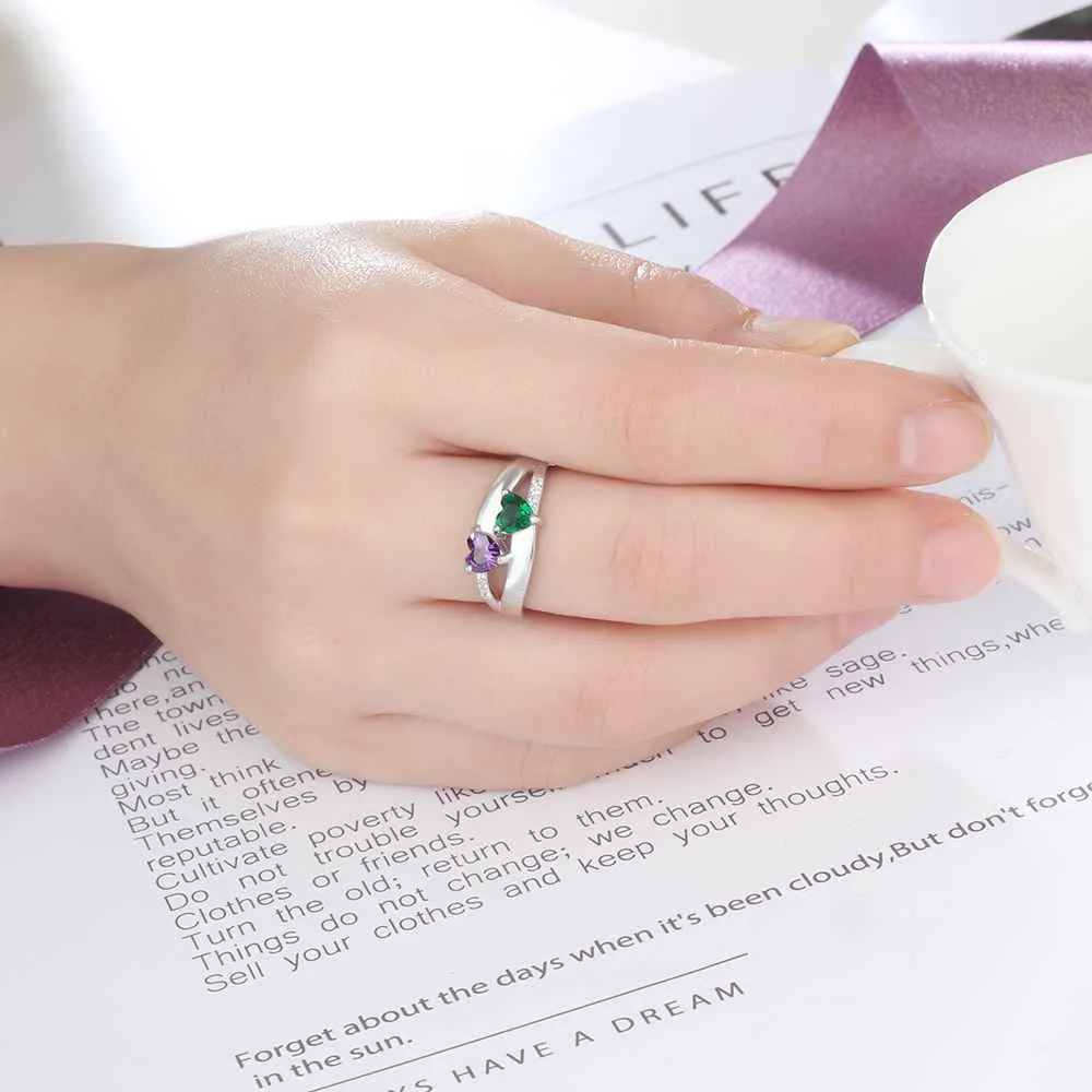 Personalized 925 Sterling Silver Ring - Double Heart Birthstone - Custom Engraved Names - Customized Gift