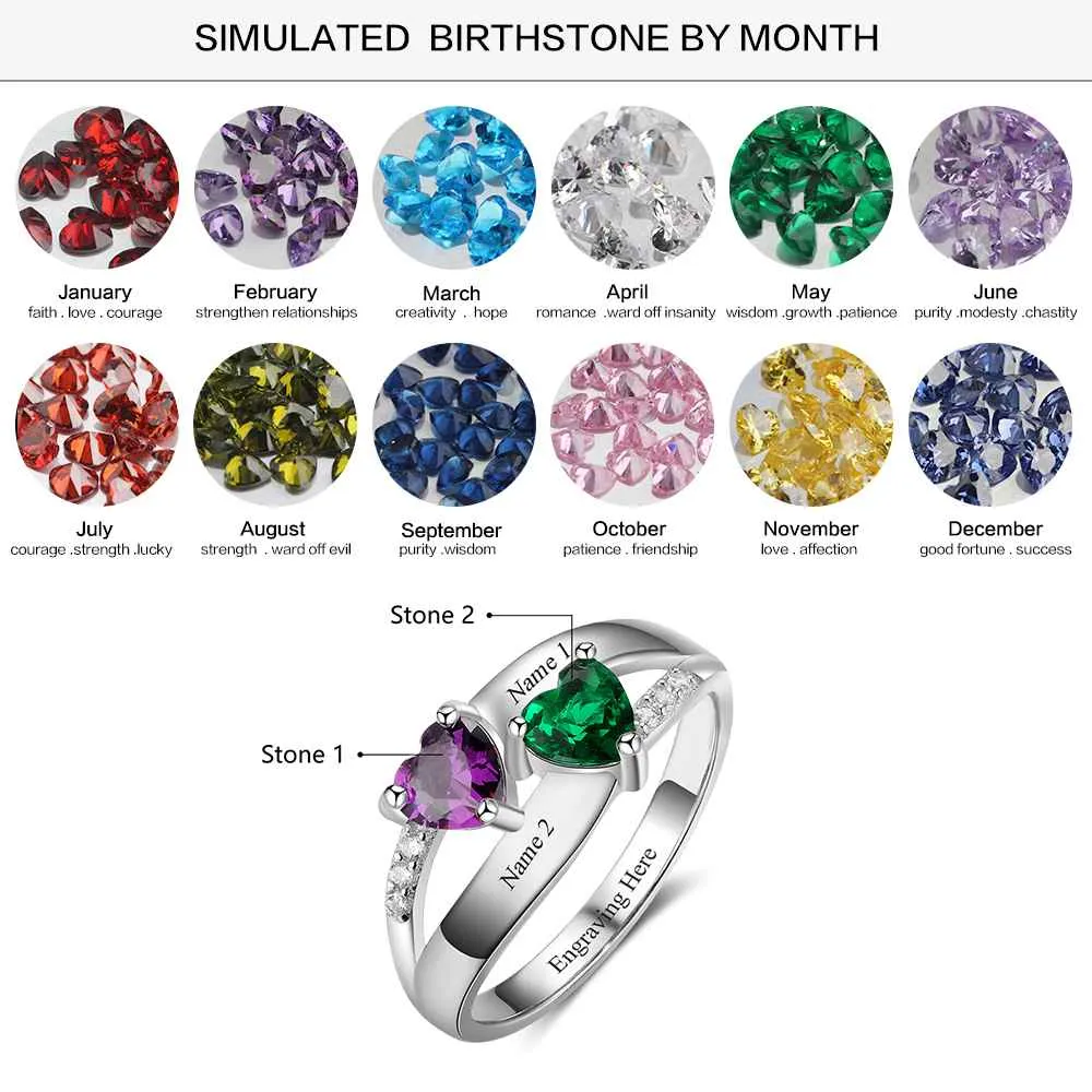 Personalized 925 Sterling Silver Ring - Double Heart Birthstone - Custom Engraved Names - Customized Gift