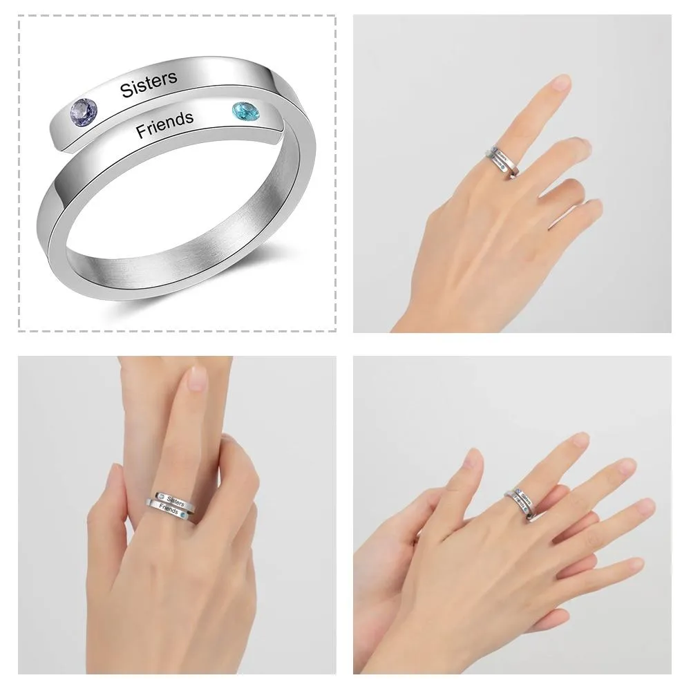 Personalized Couple Wrap Ring - Two Custom Names - Two Custom Birthstone - Engraved Rings