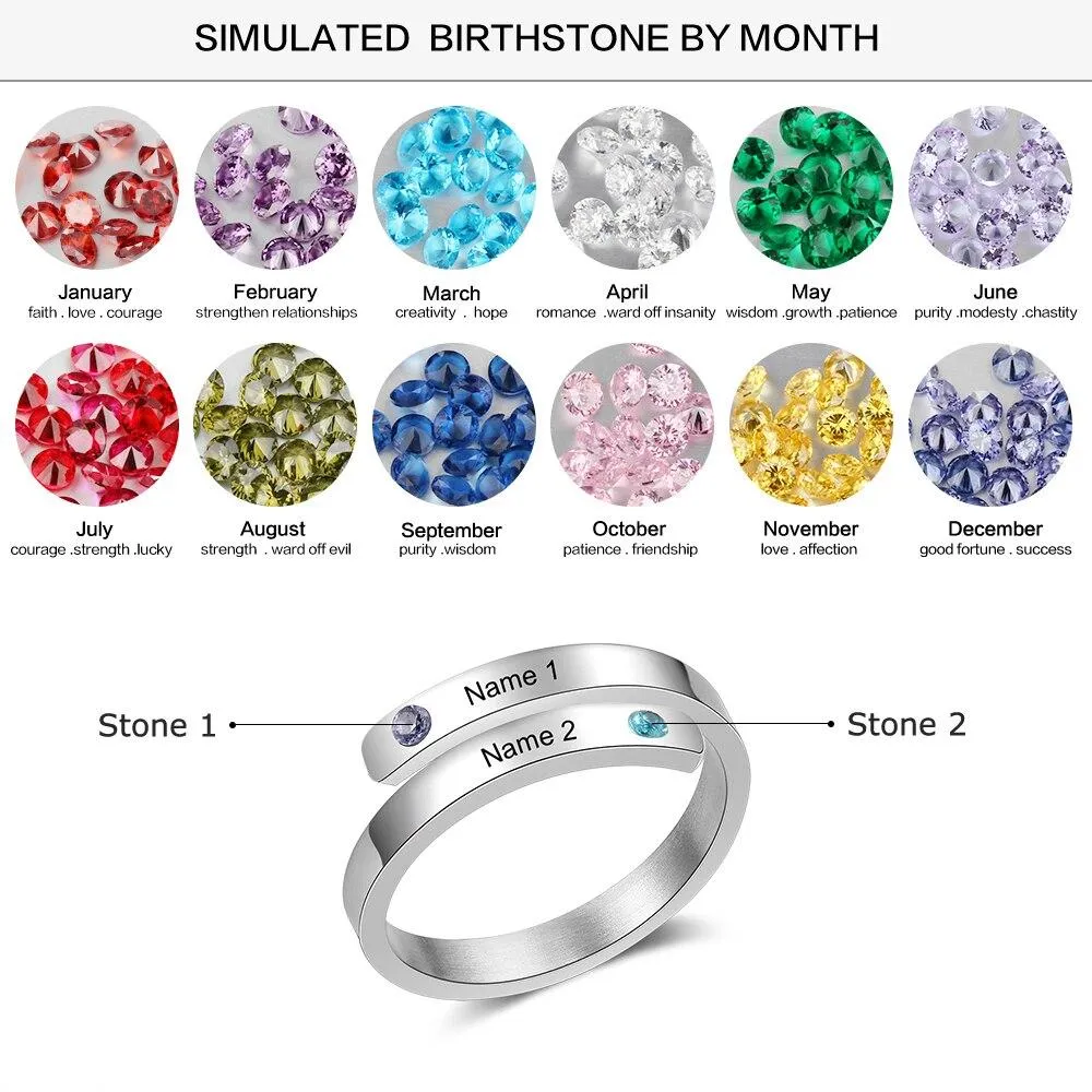 Personalized Couple Wrap Ring - Two Custom Names - Two Custom Birthstone - Engraved Rings