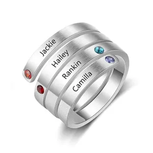 Personalized Silver Ring - Four Custom Names - Four Custom Birthstones - Customized Gifts