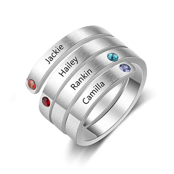 Personalized Silver Ring - Four Custom Names - Four Custom Birthstones - Customized Gifts