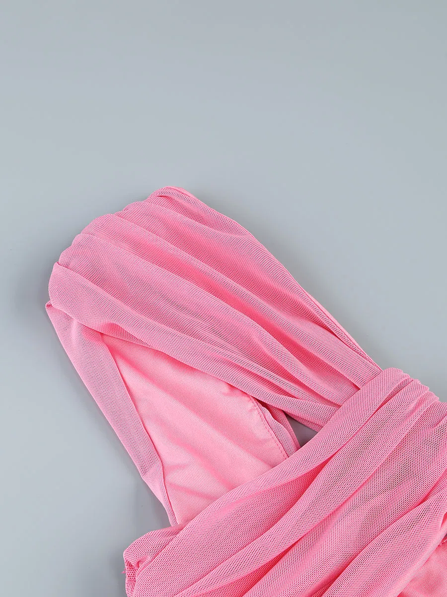 PINK CUT OUT SPLIT RUCHED MAXI DRESS