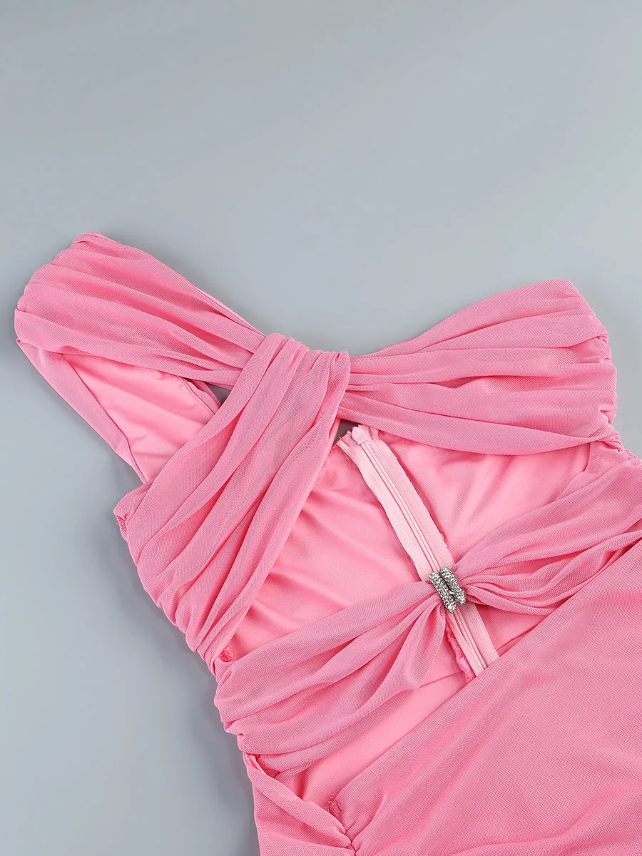 PINK CUT OUT SPLIT RUCHED MAXI DRESS