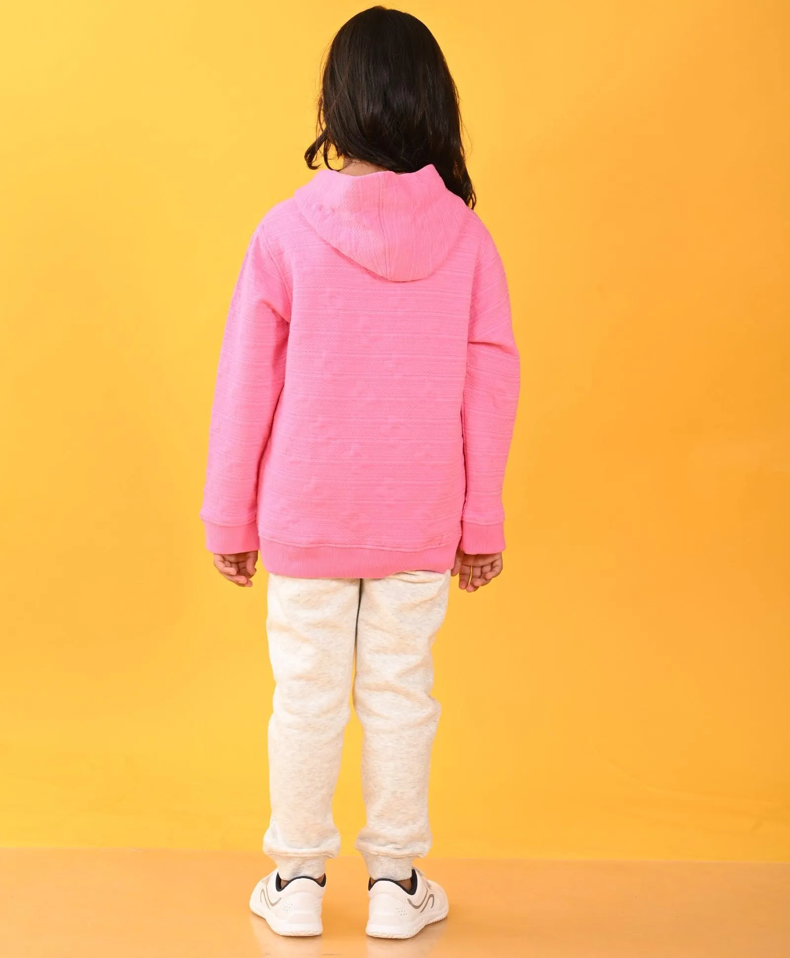 PINK FLOWER QUILTED GIRLS HOODIE ECRU FLEECE JOGGER SET - PINK / ECRU