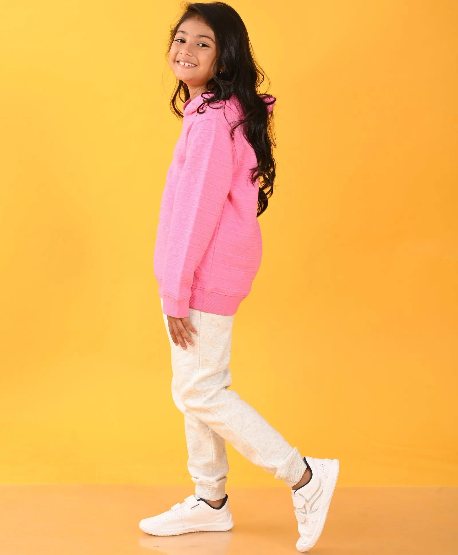PINK FLOWER QUILTED GIRLS HOODIE ECRU FLEECE JOGGER SET - PINK / ECRU