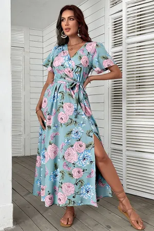 Pleated ruffle tie-waist dress- Blue floral