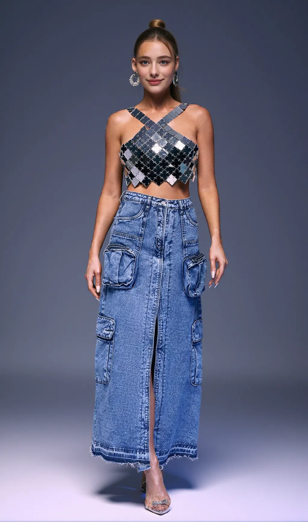 POCKET SPLIT DENIM SKIRT IN BLUE