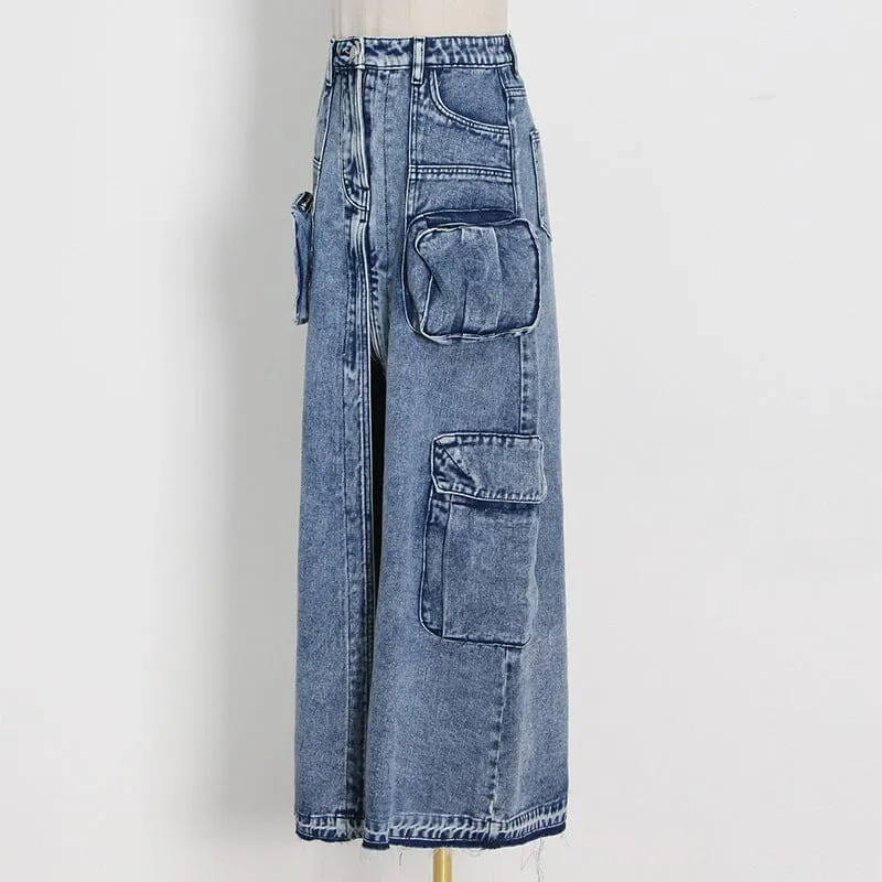 POCKET SPLIT DENIM SKIRT IN BLUE
