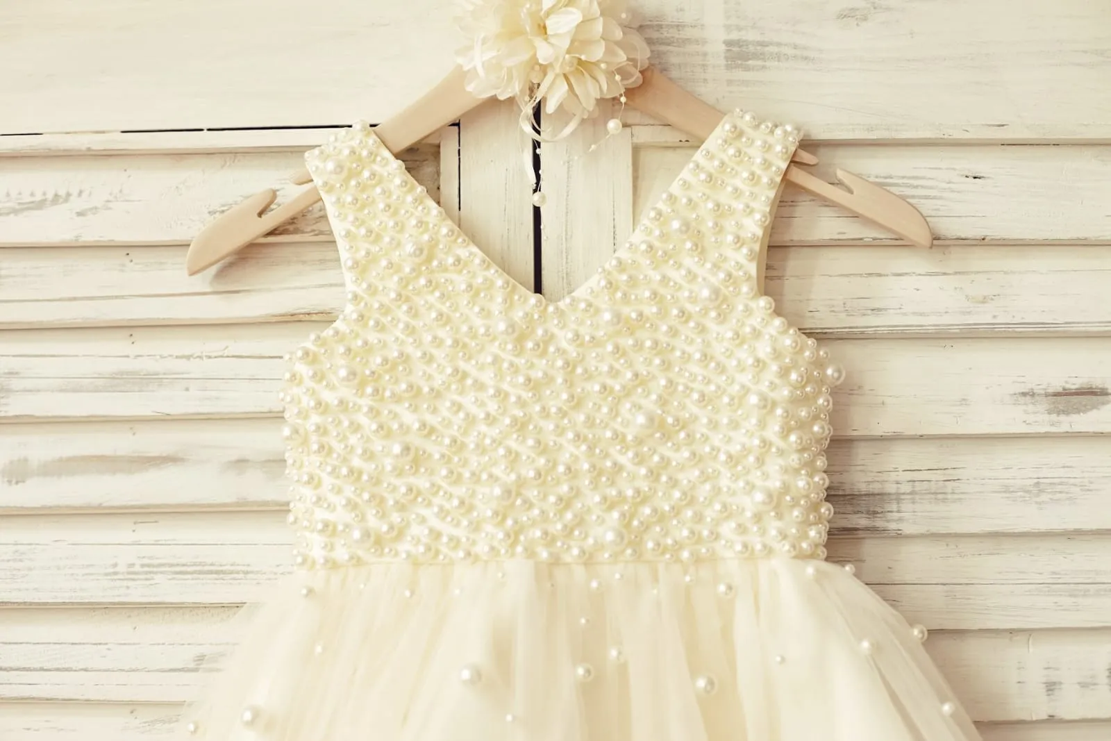Princess V Neck Champagne Tulle Pearl Beaded Flower Girl Dress