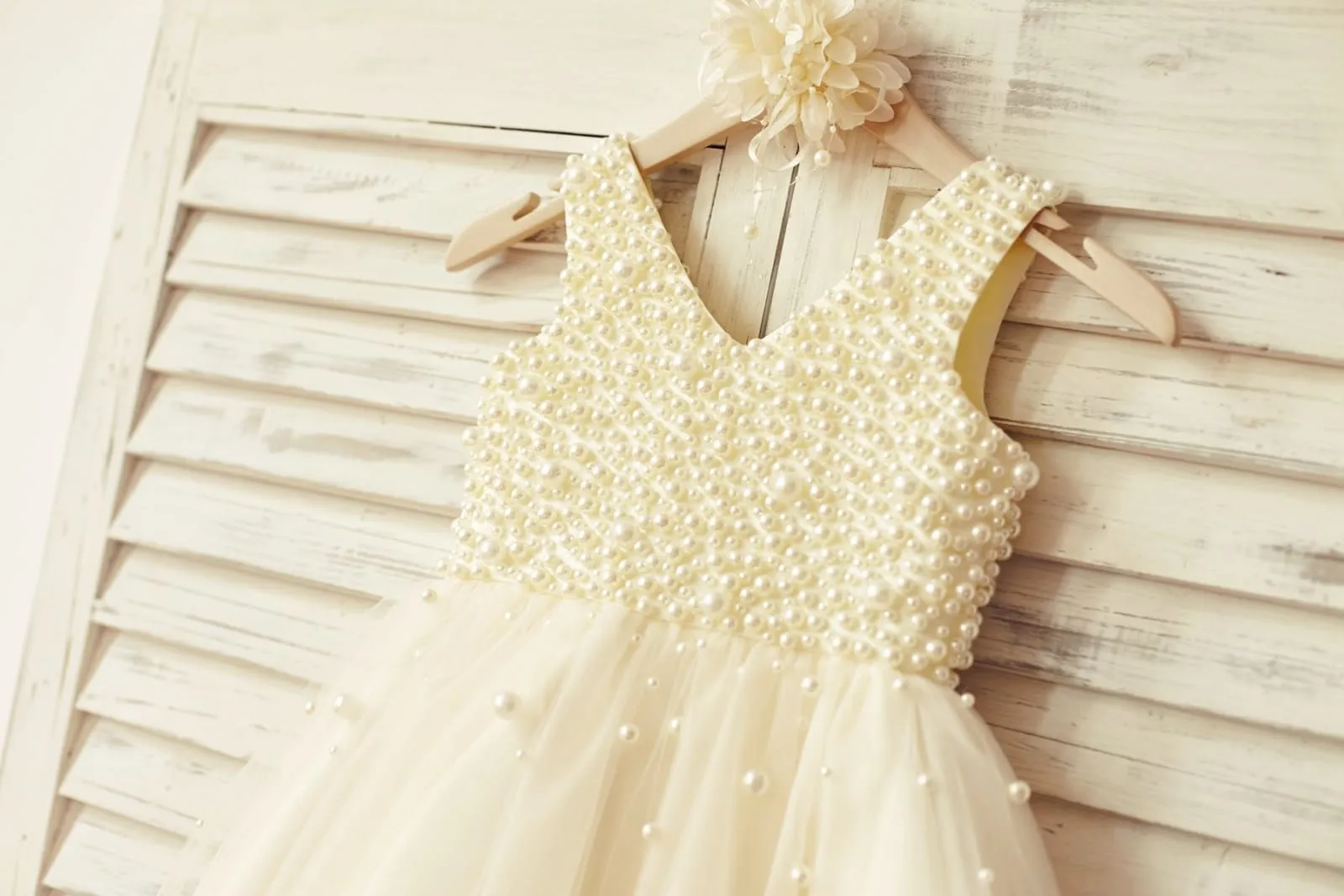 Princess V Neck Champagne Tulle Pearl Beaded Flower Girl Dress