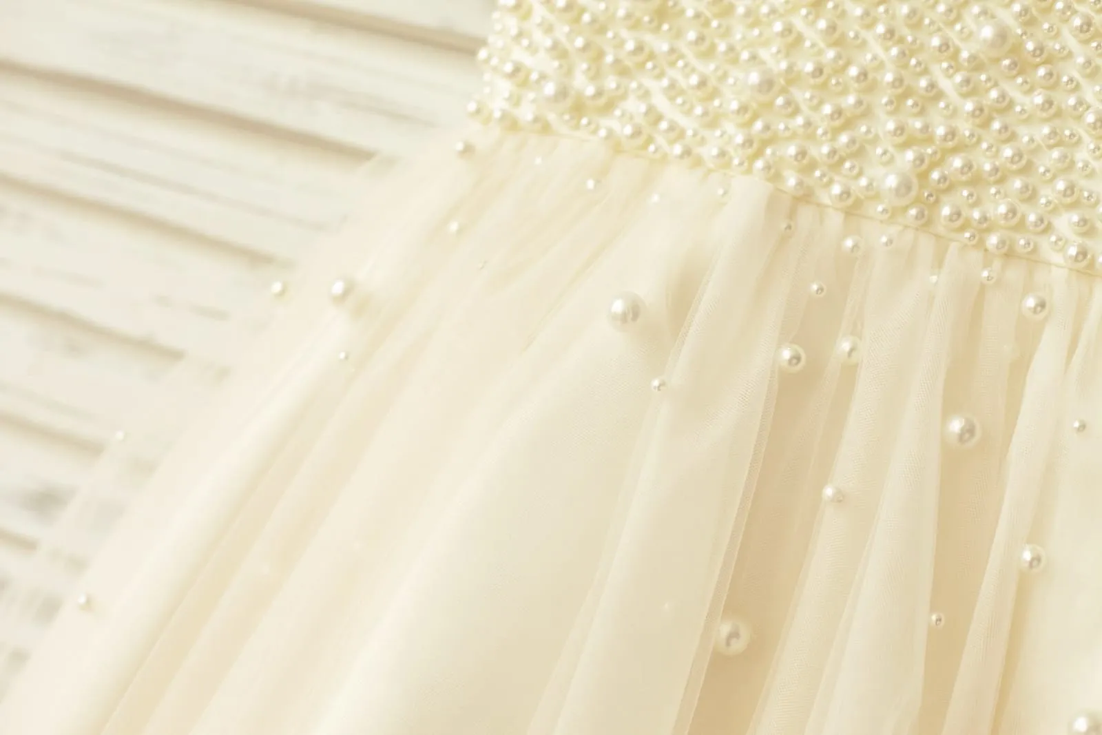 Princess V Neck Champagne Tulle Pearl Beaded Flower Girl Dress