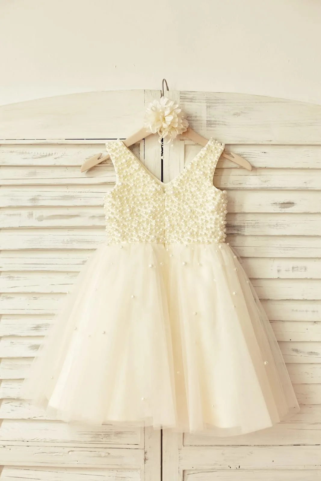 Princess V Neck Champagne Tulle Pearl Beaded Flower Girl Dress