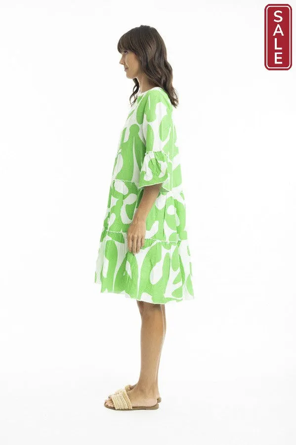 Print Linen 3/4 Sleeve Layered Dress