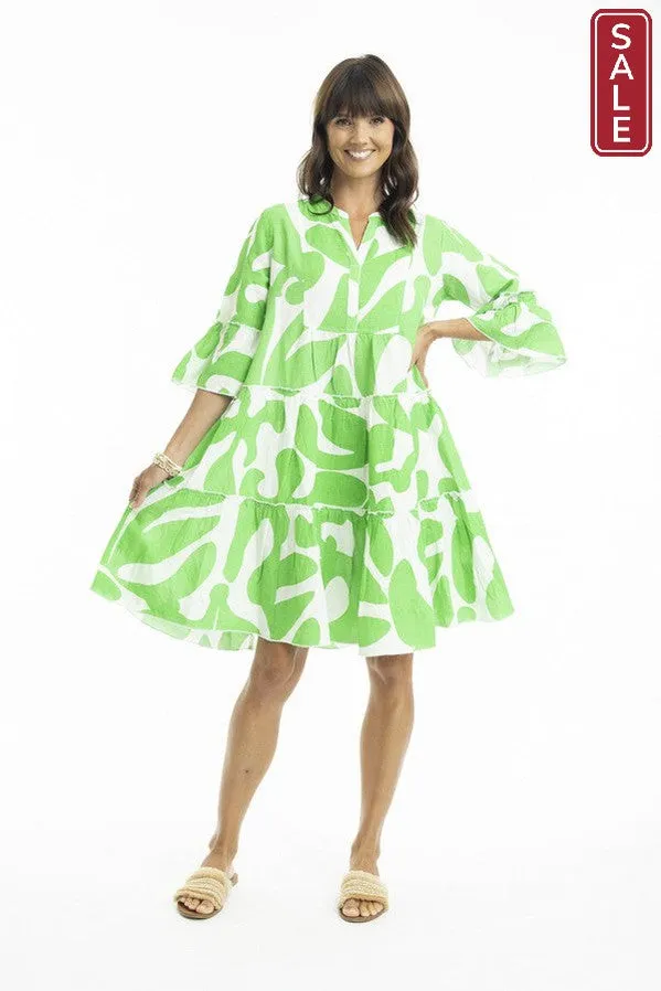 Print Linen 3/4 Sleeve Layered Dress