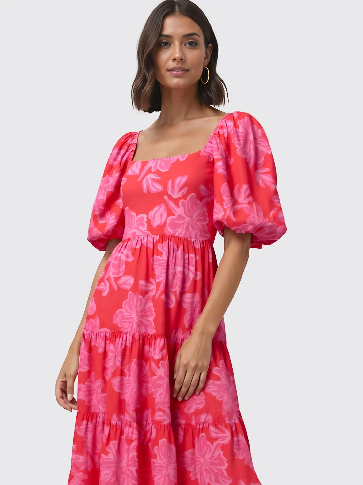 Puff Short Sleeve Flower Sun Dress
