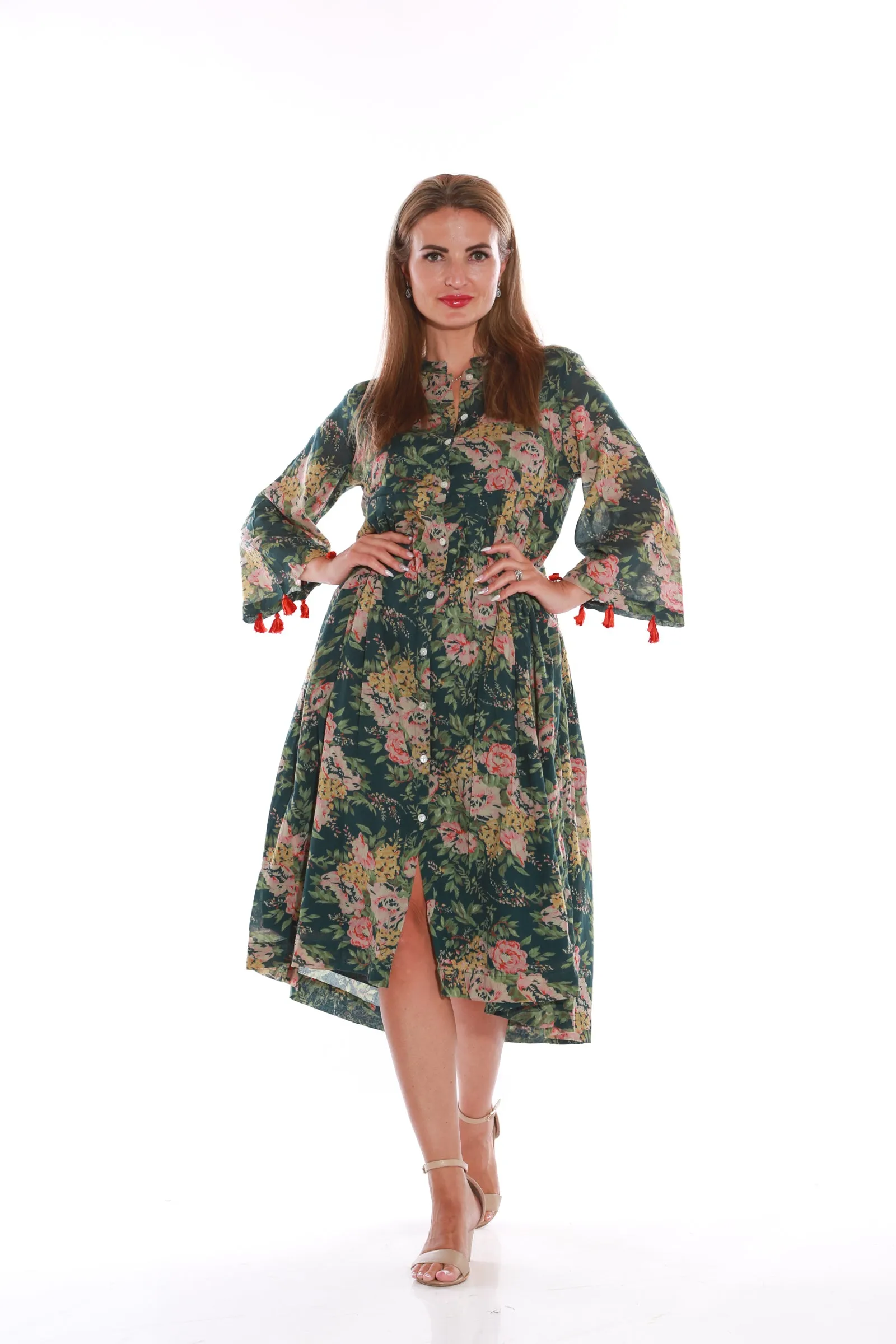 Pure Cotton Long sleeve floral print midi dress- Dark green