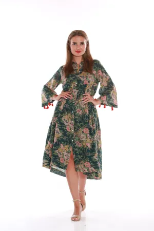 Pure Cotton Long sleeve floral print midi dress- Dark green