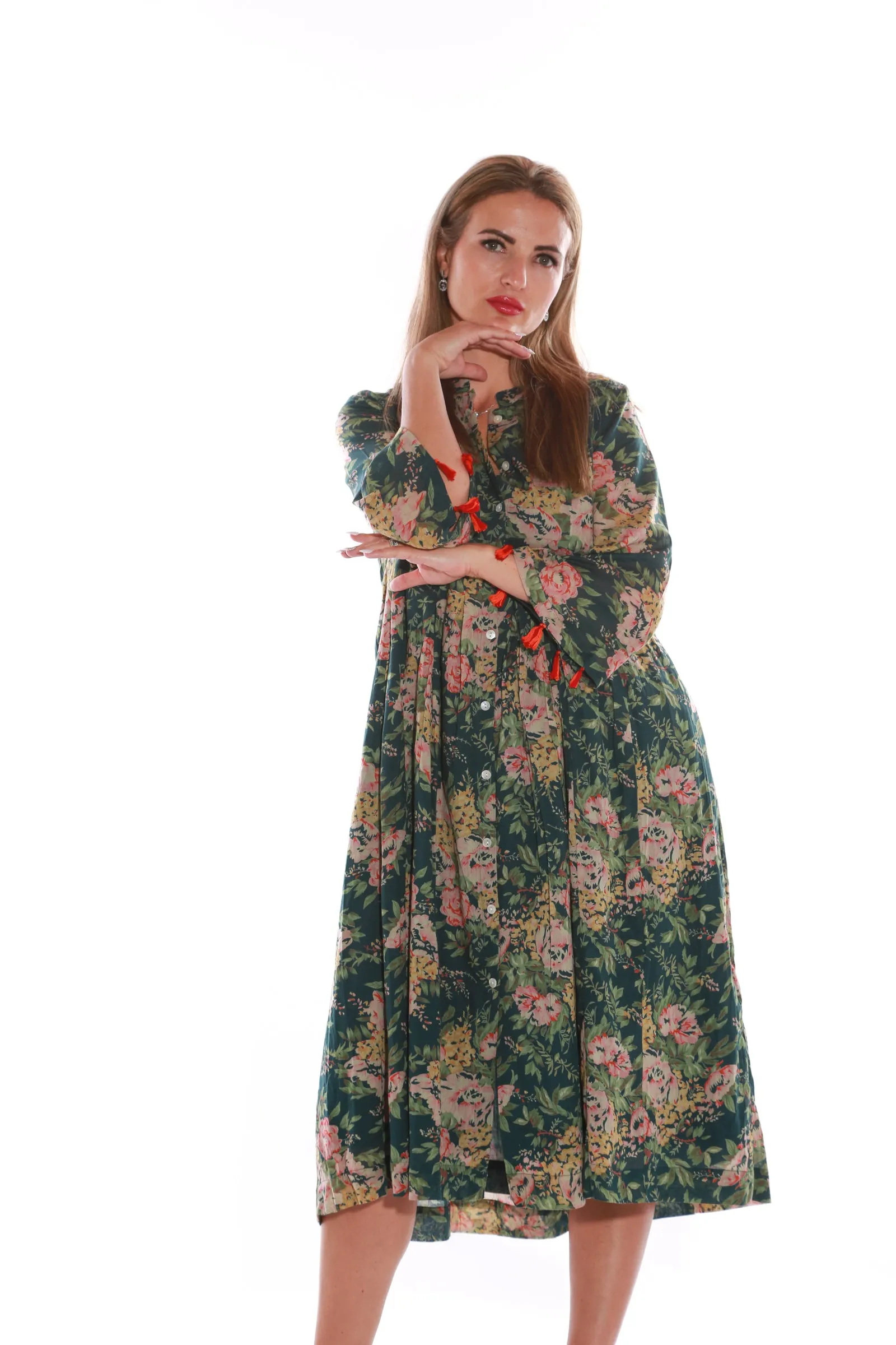 Pure Cotton Long sleeve floral print midi dress- Dark green