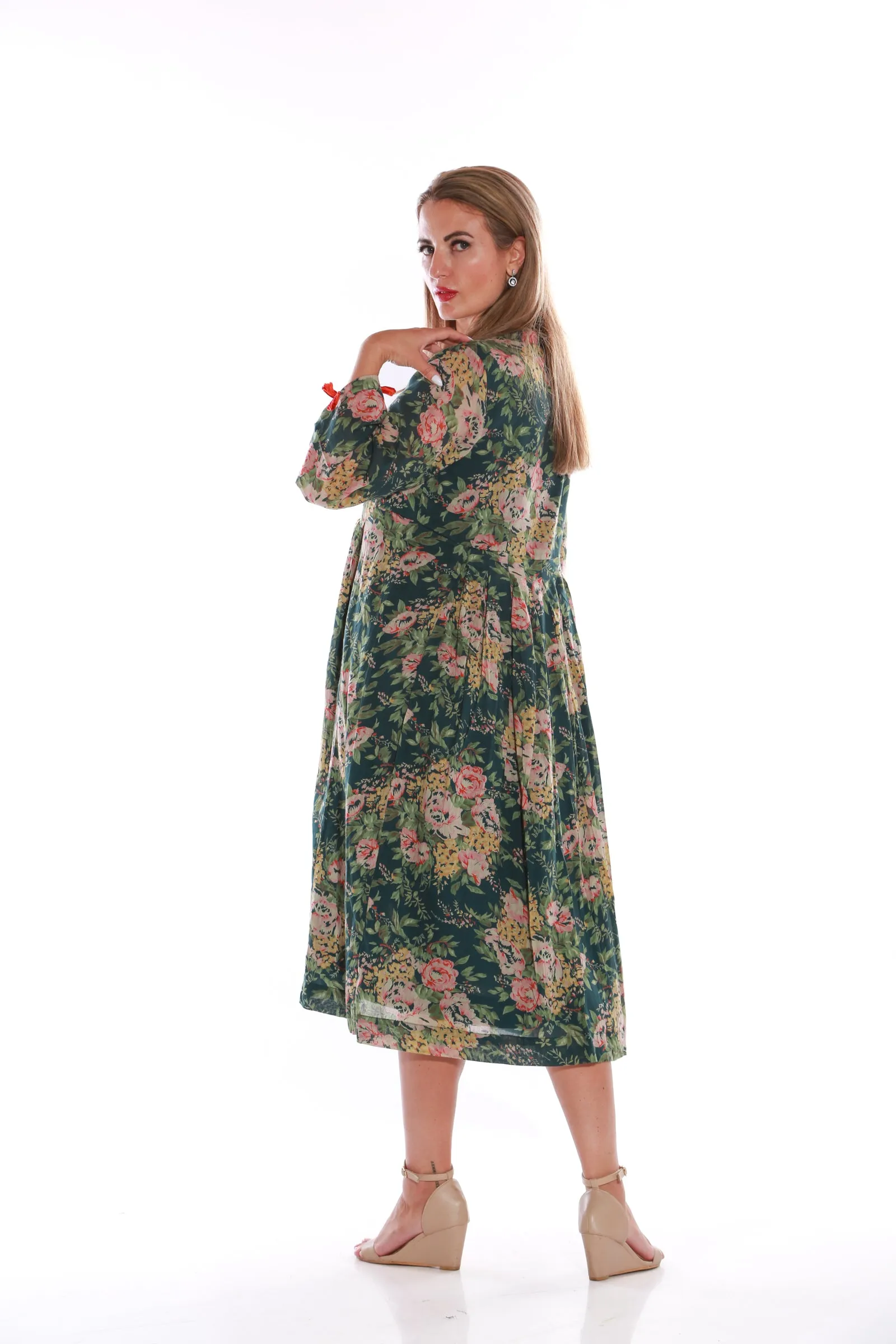 Pure Cotton Long sleeve floral print midi dress- Dark green