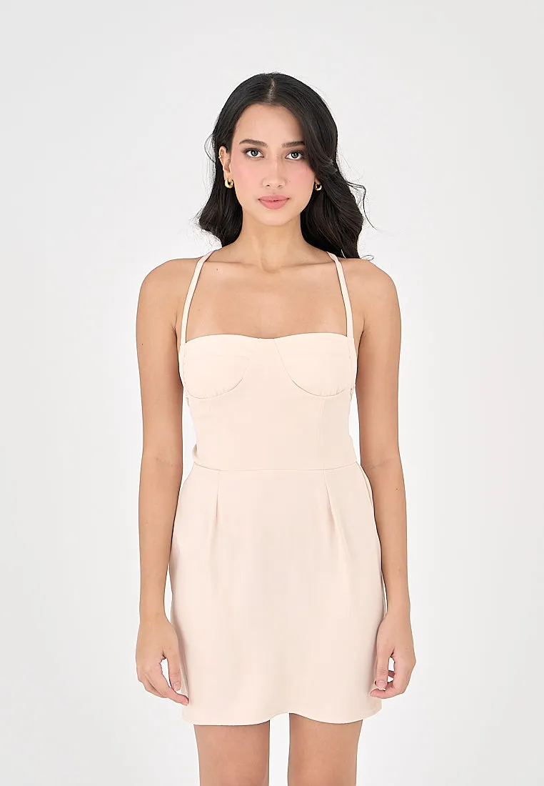 Qiana Blush Pink Bustier With Thin Strap and Back Strapy Detail Mini Dress