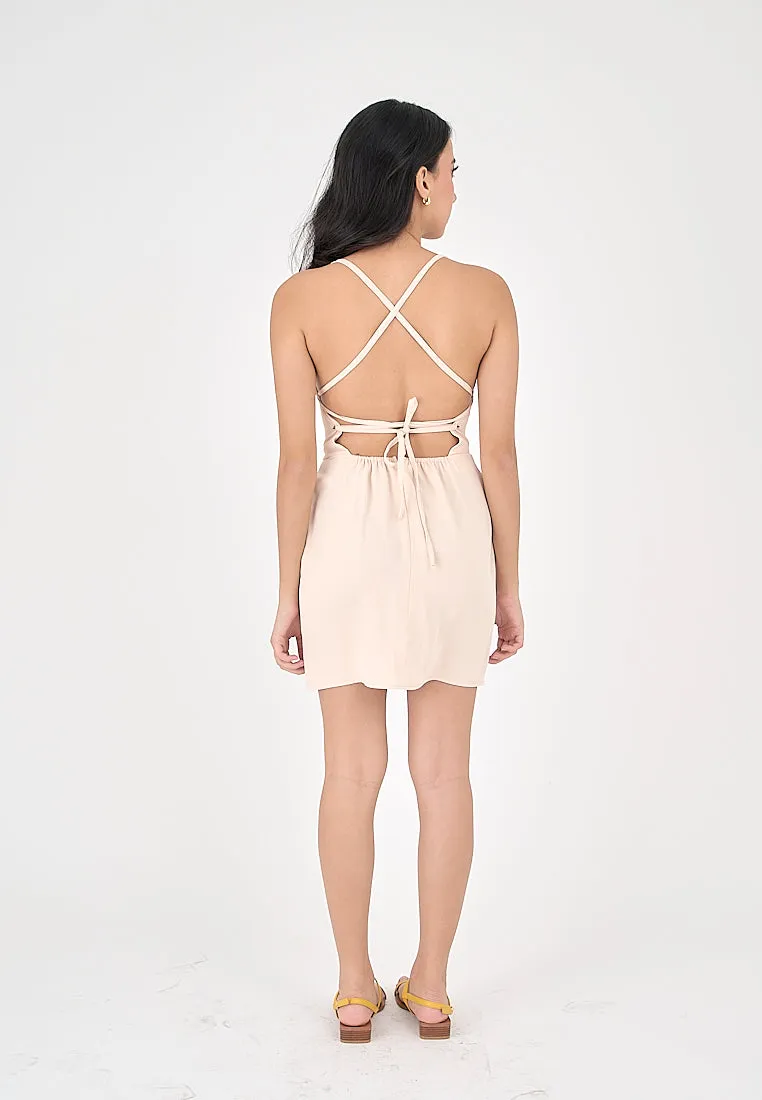 Qiana Blush Pink Bustier With Thin Strap and Back Strapy Detail Mini Dress