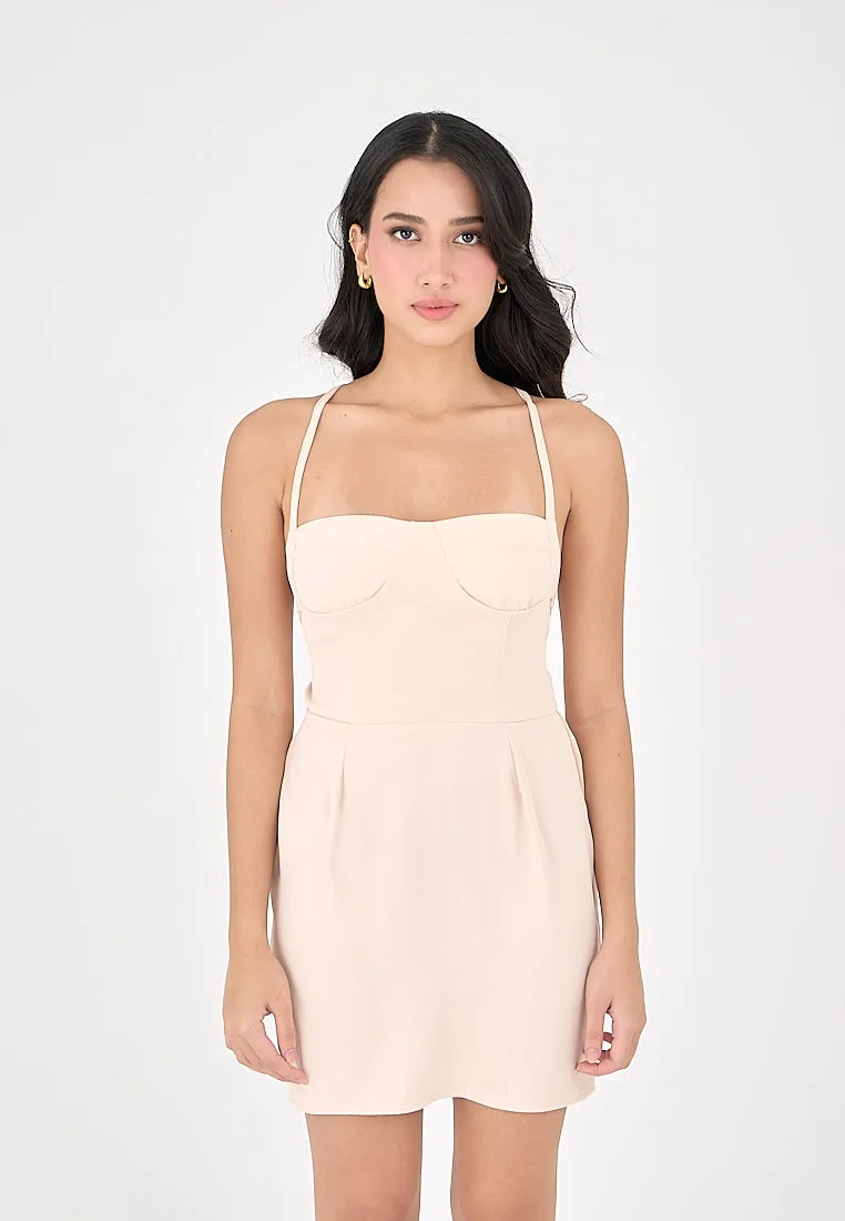 Qiana Blush Pink Bustier With Thin Strap and Back Strapy Detail Mini Dress