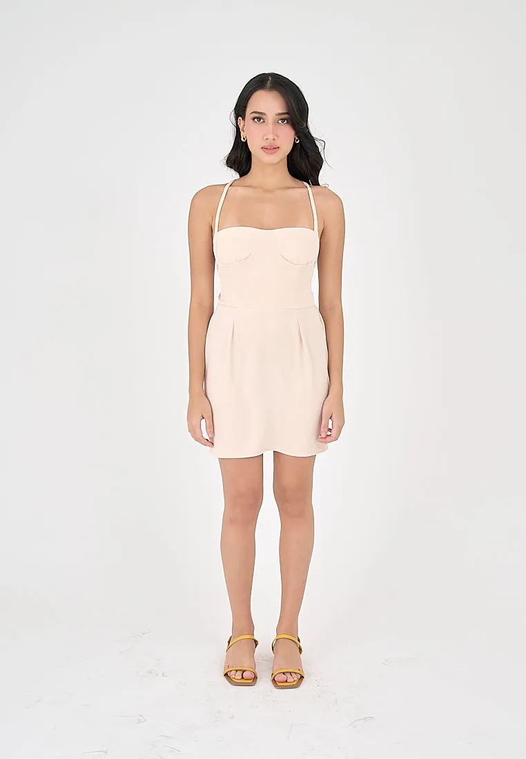 Qiana Blush Pink Bustier With Thin Strap and Back Strapy Detail Mini Dress