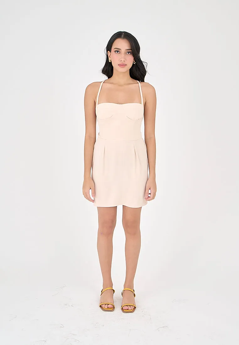 Qiana Blush Pink Bustier With Thin Strap and Back Strapy Detail Mini Dress