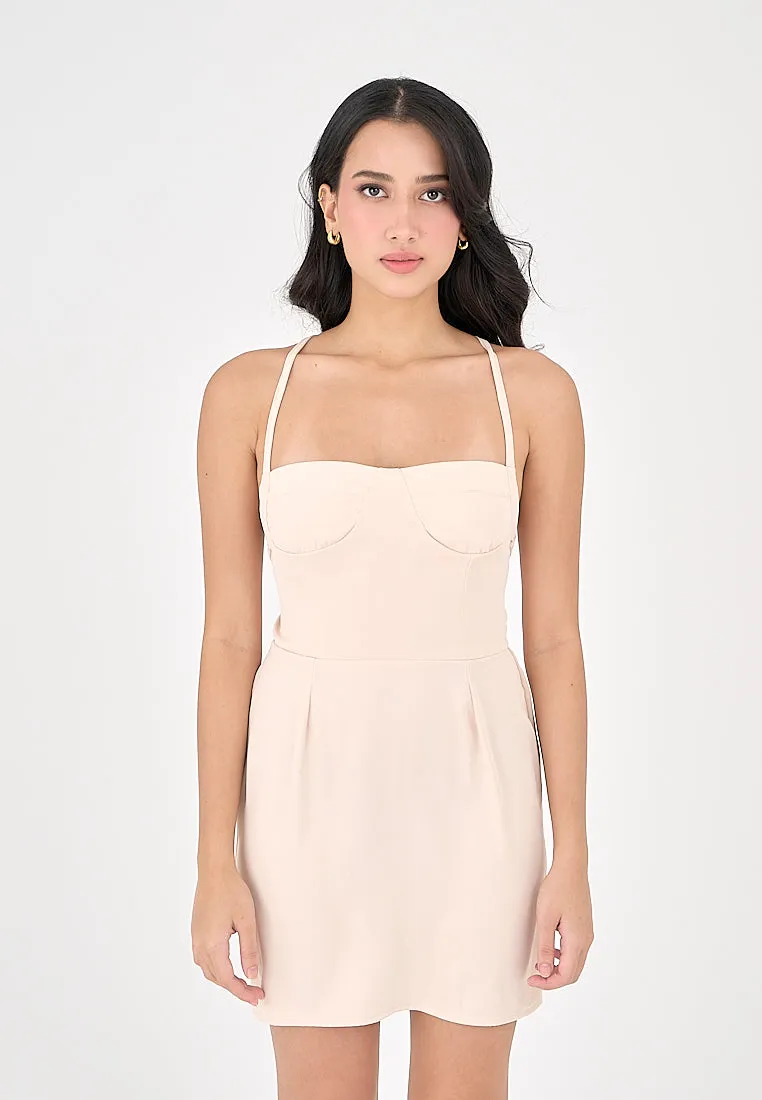 Qiana Blush Pink Bustier With Thin Strap and Back Strapy Detail Mini Dress
