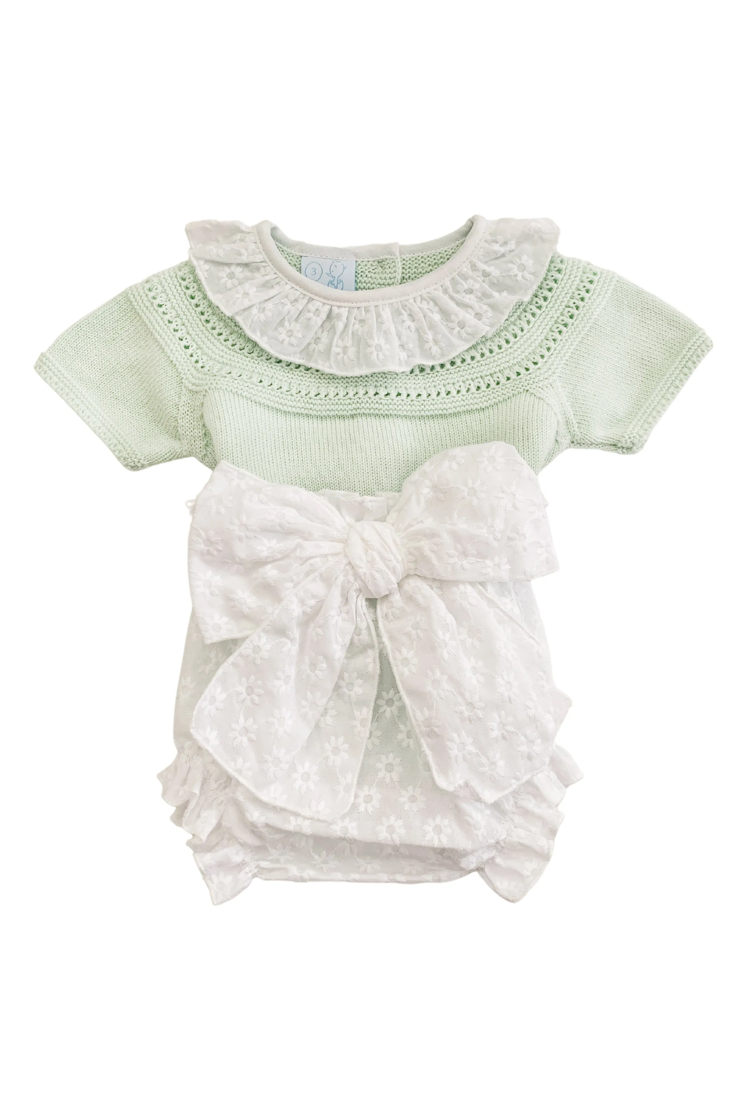 "Indie" Pastel Green Knit Top & White Bow Bloomers