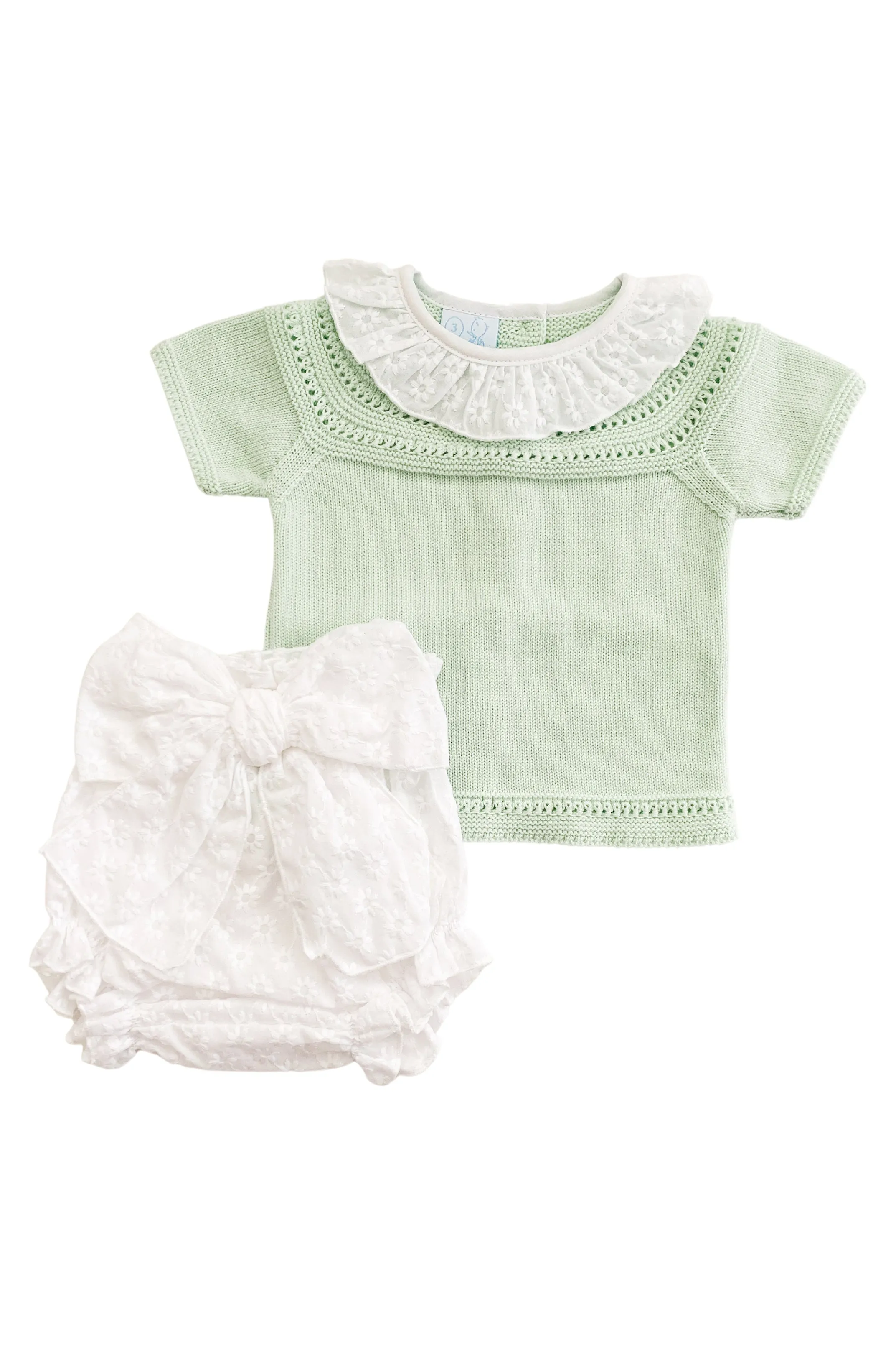 "Indie" Pastel Green Knit Top & White Bow Bloomers