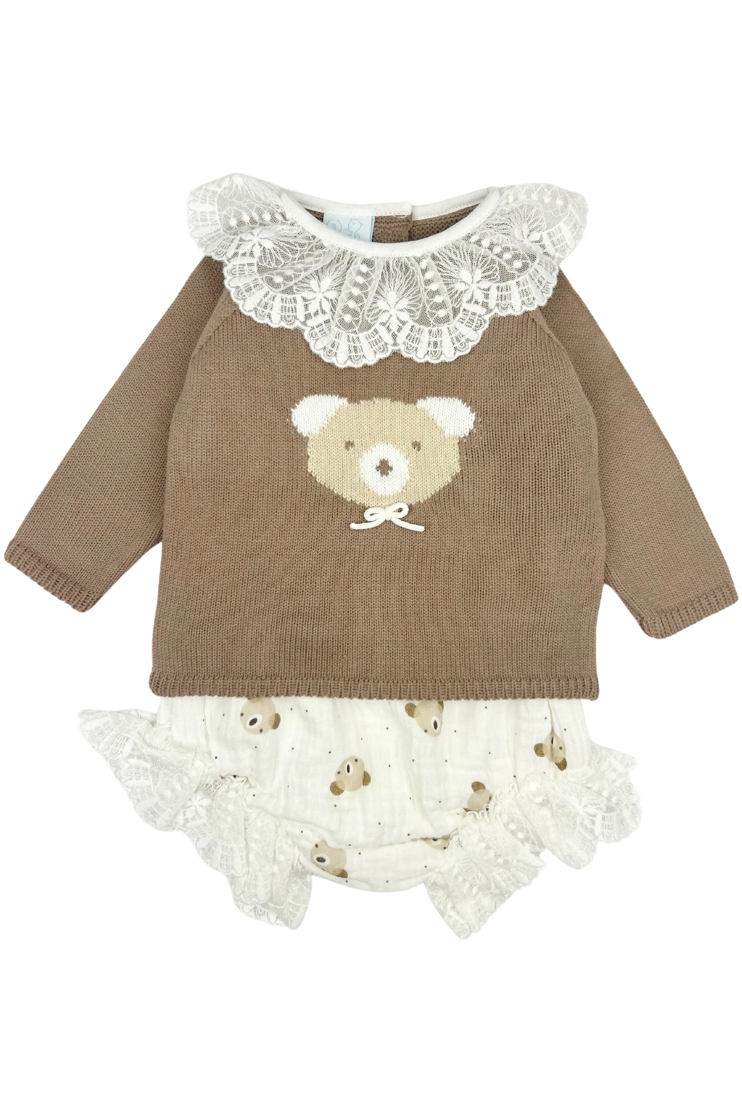 "Millicent" Caramel Brown Knit Bear Top & Bloomers