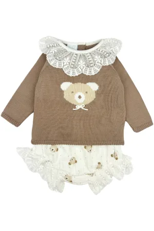 "Millicent" Caramel Brown Knit Bear Top & Bloomers