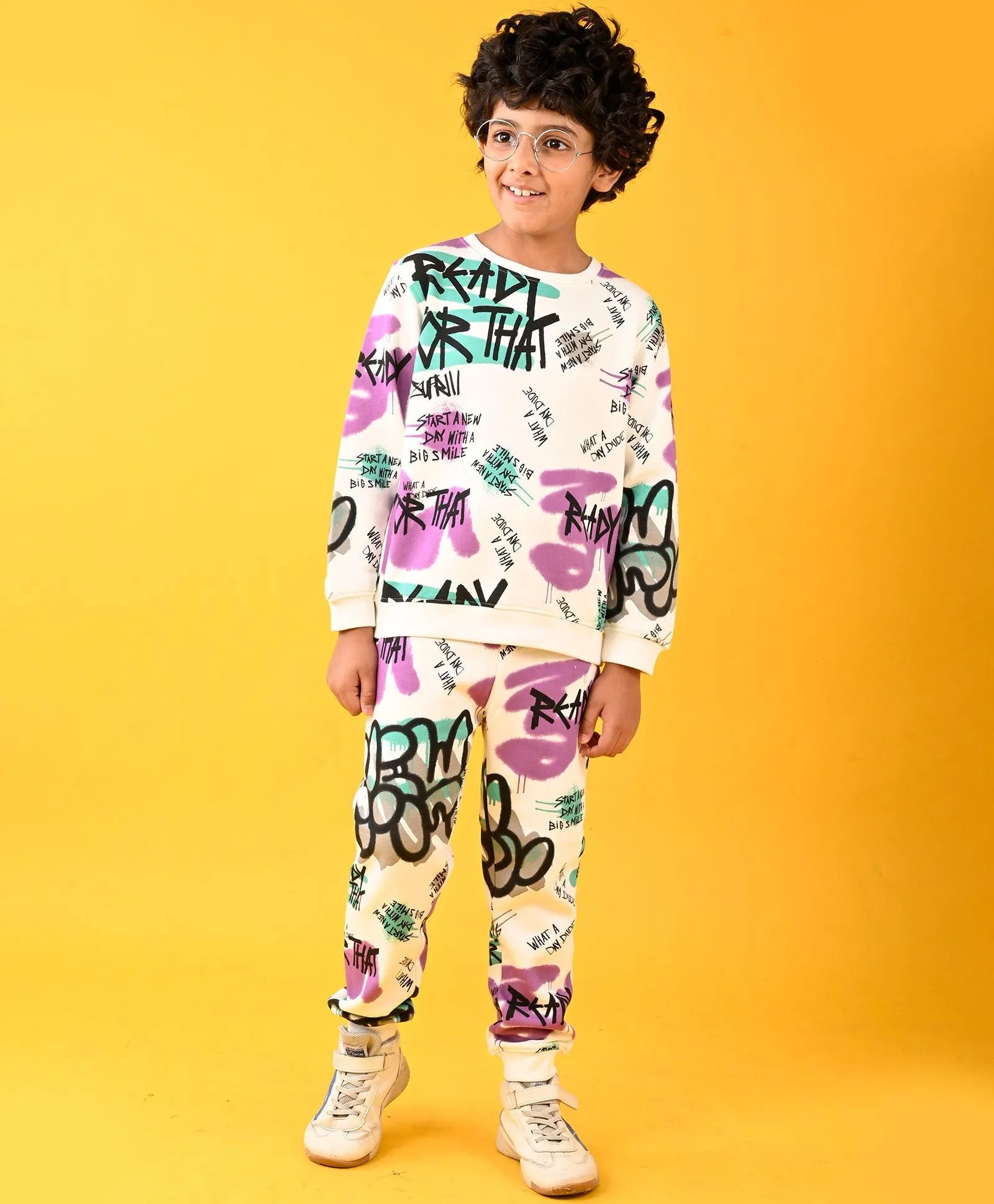 READY FOR THAT FUN ROUND NECK BOYS FLEECE SWEATSHIRT JOGGER SET - WHITE
