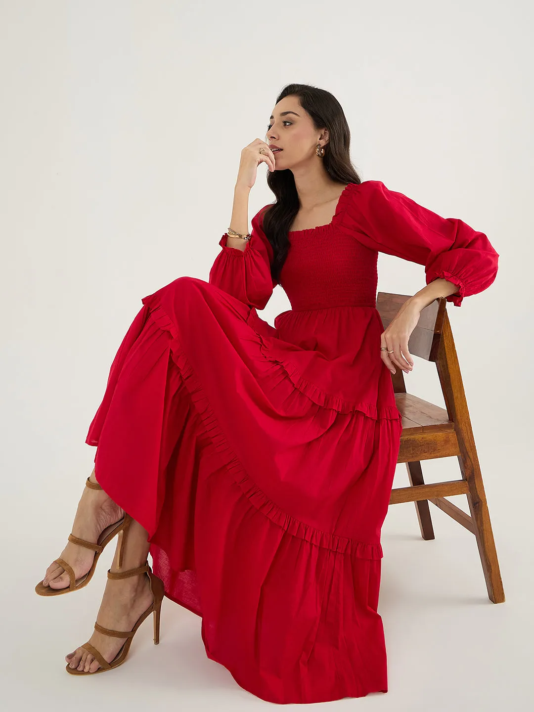 Red Cotton Smocked Maxi Dress
